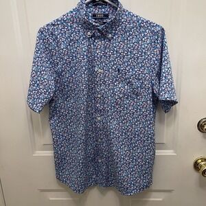 Izod Stretch Short Sleeve Blue Floral Button‎ Up Shirt Youth XL Golf Colorful